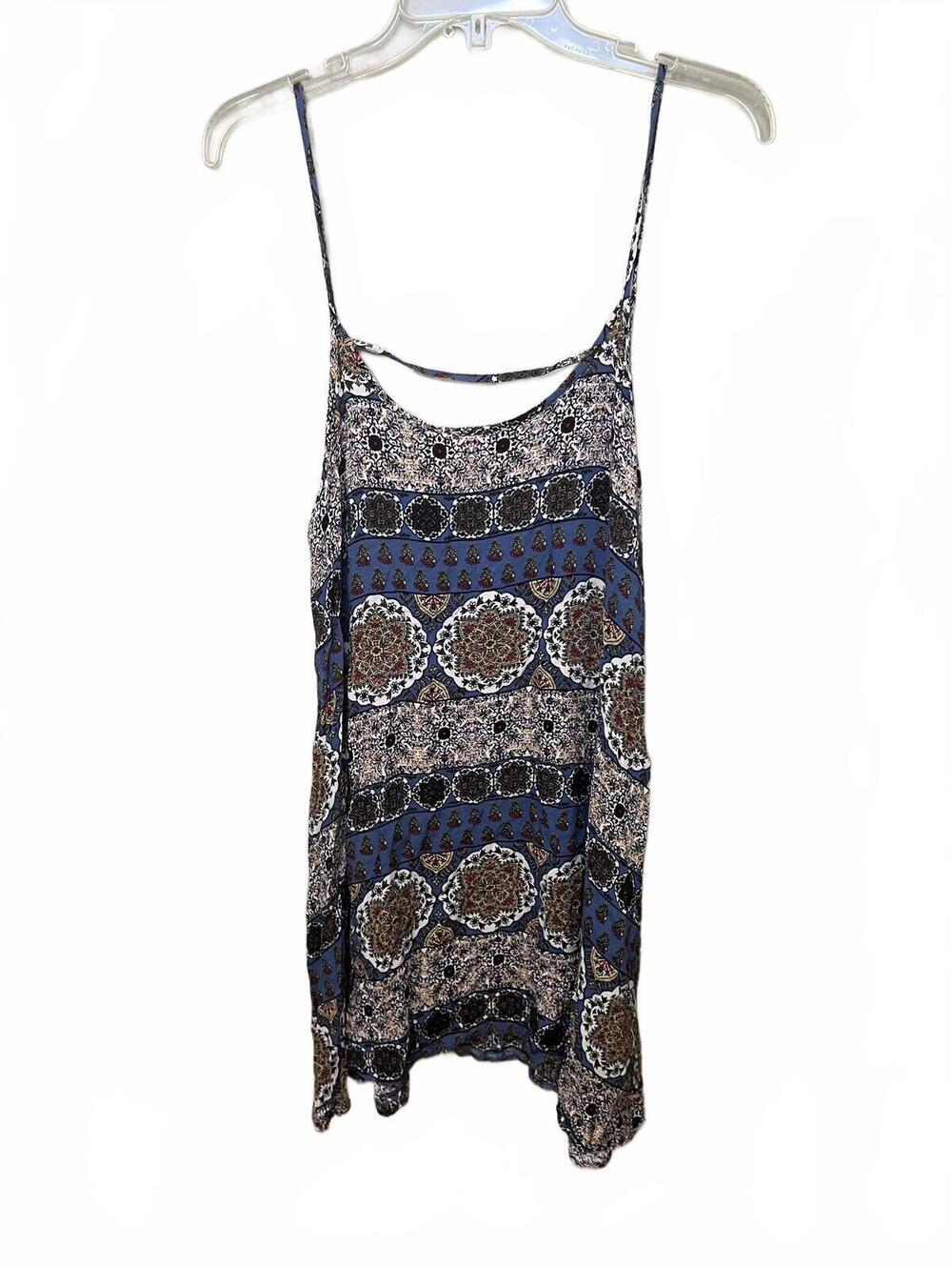 Free People Boho Medallion Print Blue Patchwork Slip Dress Strappy Size Medium - Picture 5 of 8